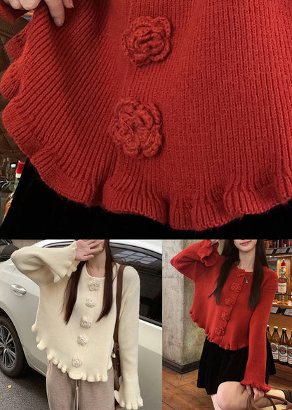 Beige Cozy Knit Sweater O Neck Flare Sleeve