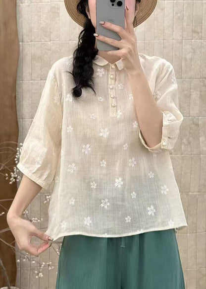 Art Navy Flower Embroidered Linen Pants Half Sleeve