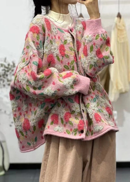 Pink O Neck Button Jacquard Cozy Knit Cardigan Fall
