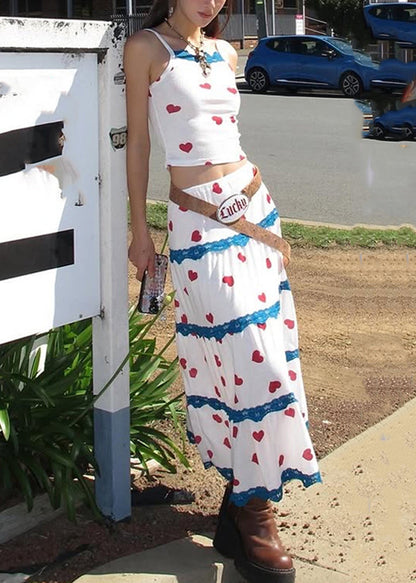 White Print Vest and Maxi Skirts Two Pieces Set Summer