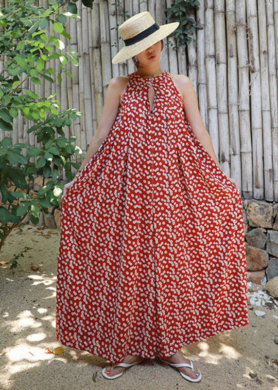 Red Colour O-neck Print Pockets Chiffon Jumpsuits Pants Summer