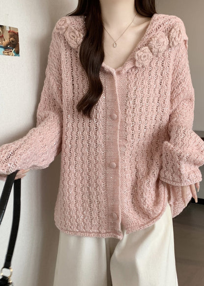 Pink Hollow Out Knitted Cardigan Fall