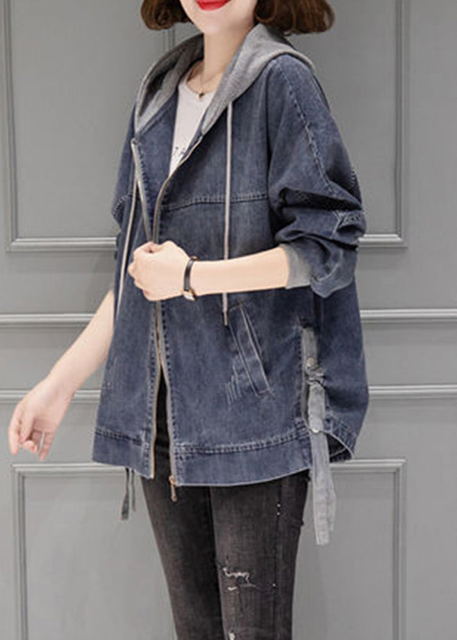 Grey Blue Patchwork Drawstring Hooded Denim Coat Fall