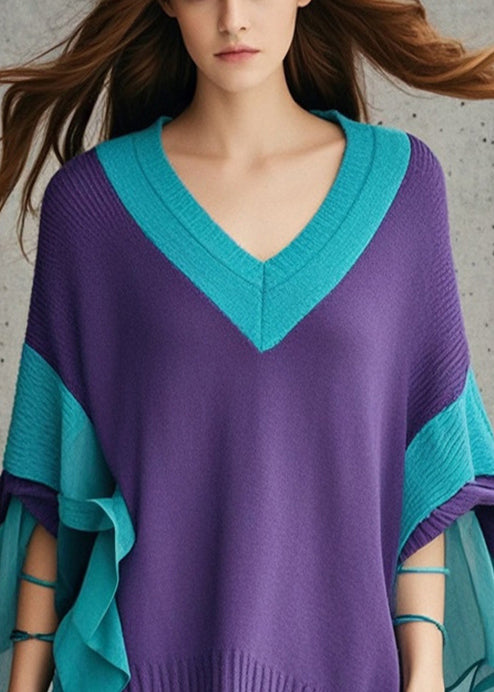Diy Dull Purple V Neck Patchwork Tulle Sweater Fall