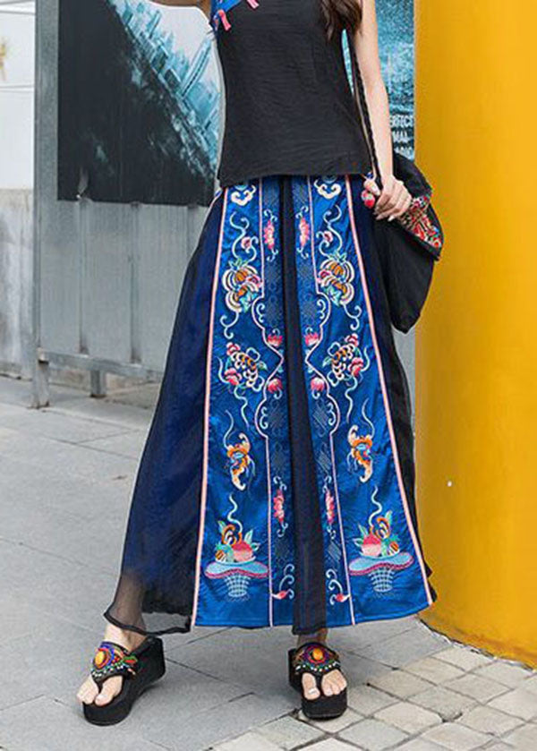 Chinese Style Black Patchwork Embroidered Chiffon Skirts Spring