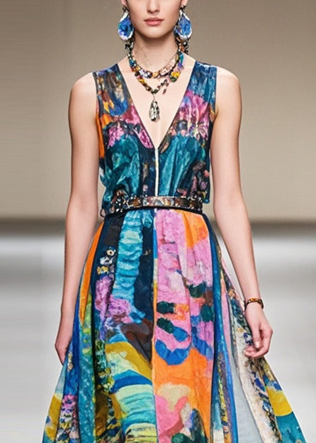 Cinched Print Exra Large Hem Chiffon Dresses Sleeveless