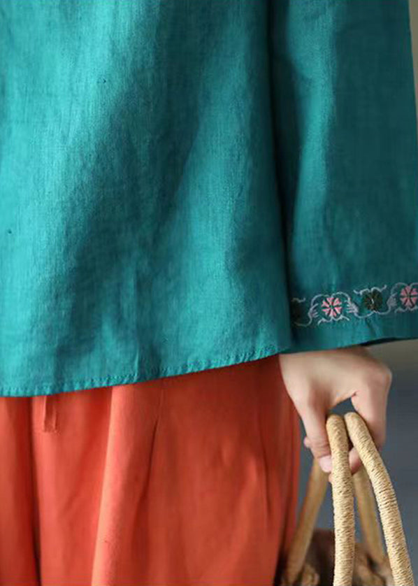 Blue Asymmetrical Design Linen Shirt Embroidered Long Sleeve