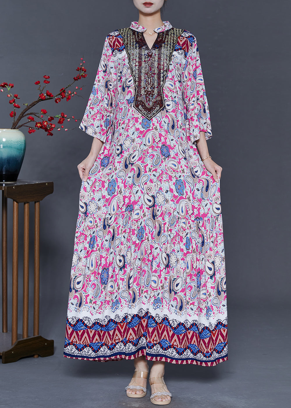 Pink Oversized Print Cotton Ankle Dress Summer