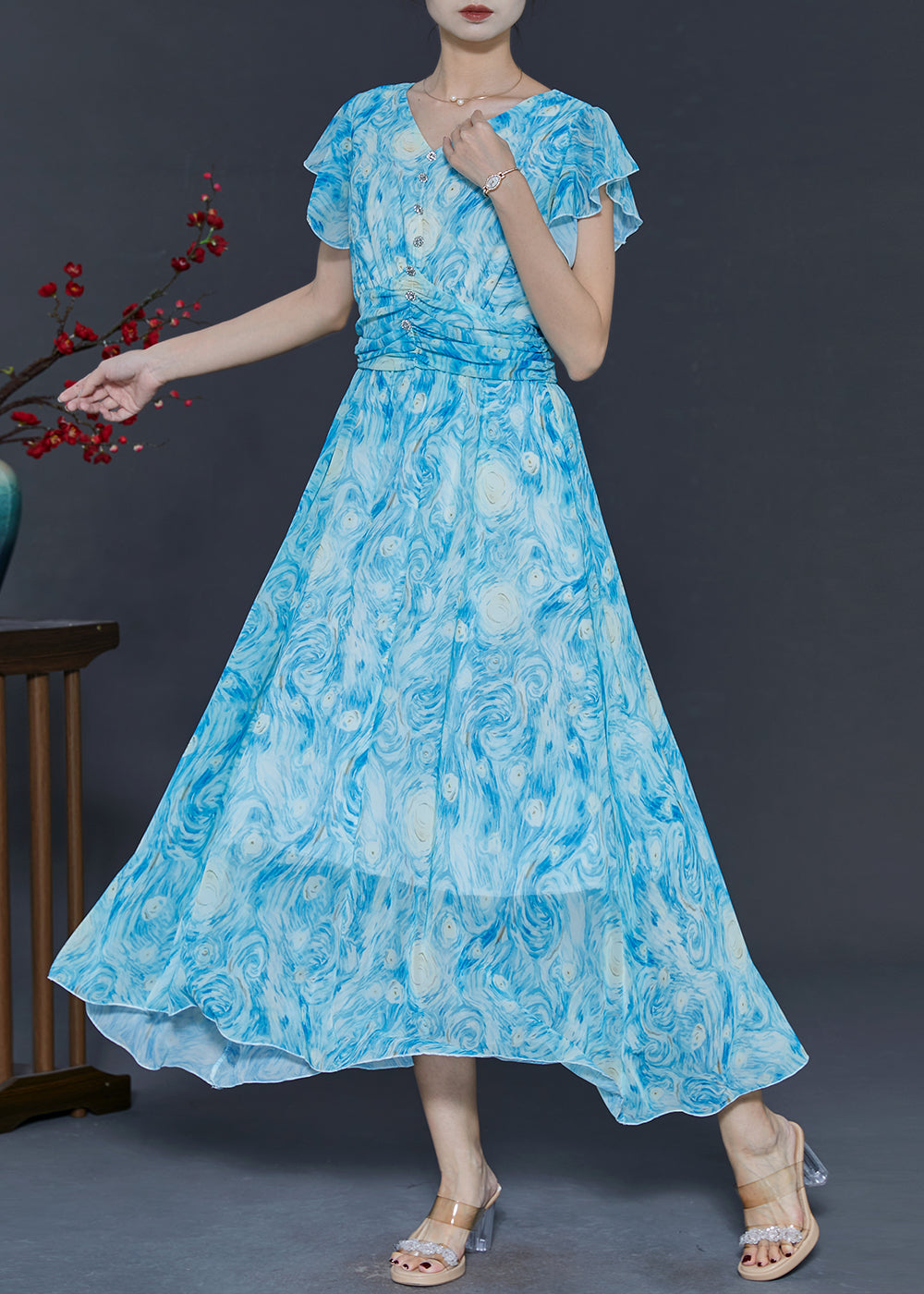 Blue Print Chiffon Beach Dress Butterfly Sleeve
