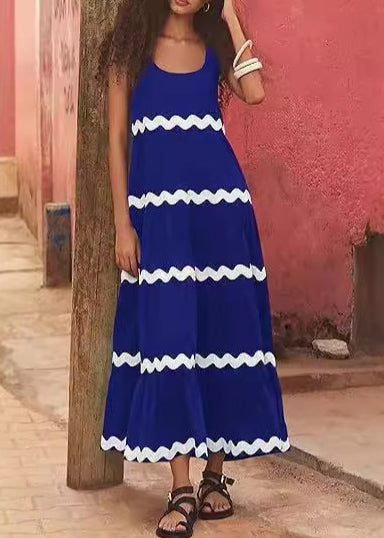 Loose Black U Neck Striped Patchwork Cotton Long Dress Summer