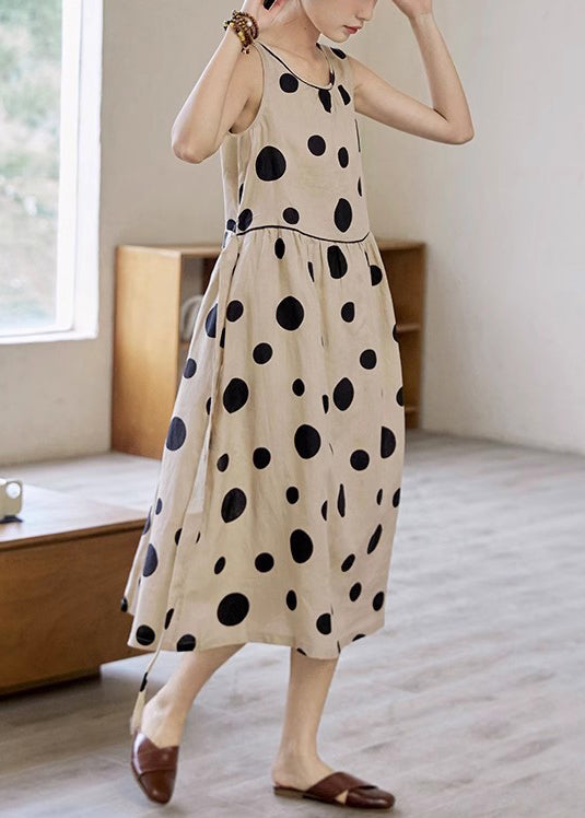 Khaki Dot Pockets Tie Waist Cotton Long Dress Sleeveless