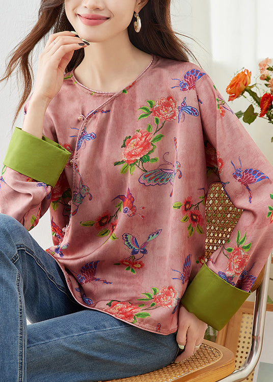 Pink O Neck Print Shirt Top Spring