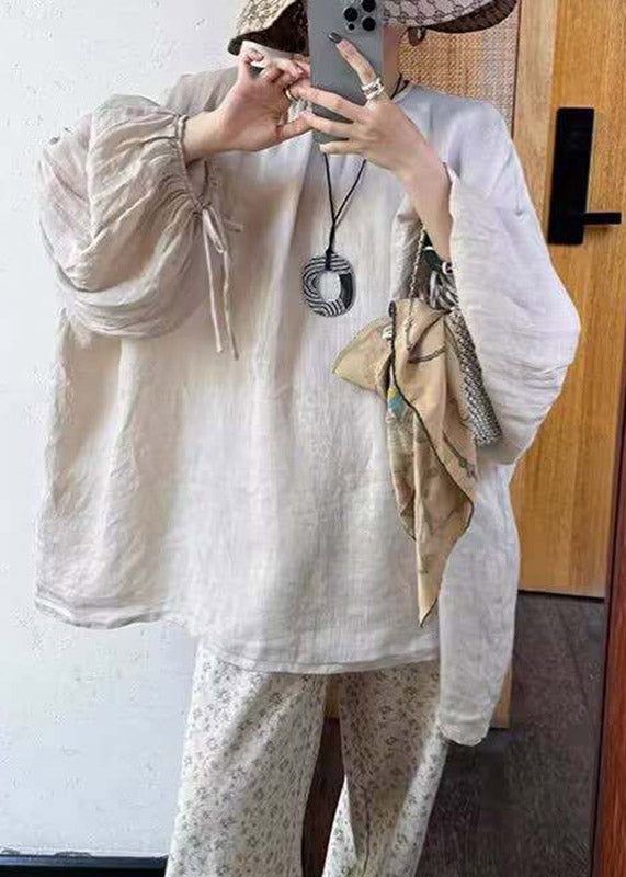 Loose Beige O-neck Top Lantern Sleeve