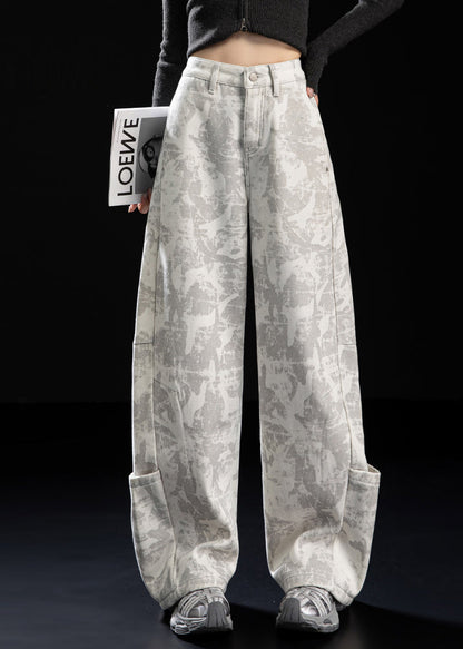 Italian White Tie Dye Patchwork Pockets Warm Fleece Pants Winter