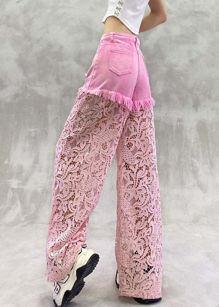 Pink Hollow Out Zircon Lace Patchwork Pants Summer