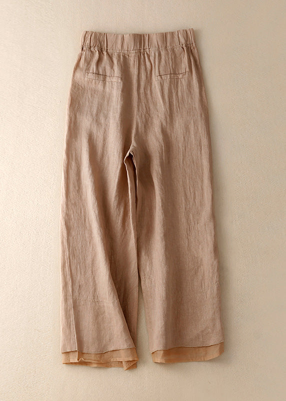 Khaki Pockets Elastic Waist Linen Crop Pants Summer