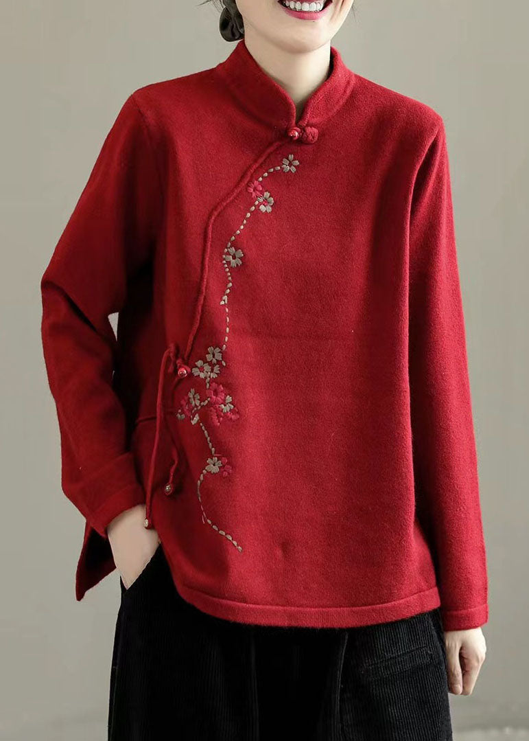 Green Mandarin Collar Embroidered Knit Sweaters Winter