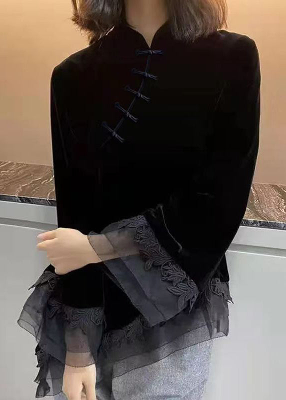 Black Stand Collar Asymmetrical Patchwork Velour Shirt Fall