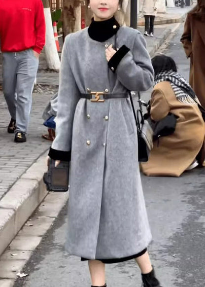 Grey Double Breast Sashes Woolen Long Coats Spring