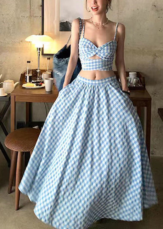 New Blue Plaid Suspended Tank Top High Waist Skirt Summer Set