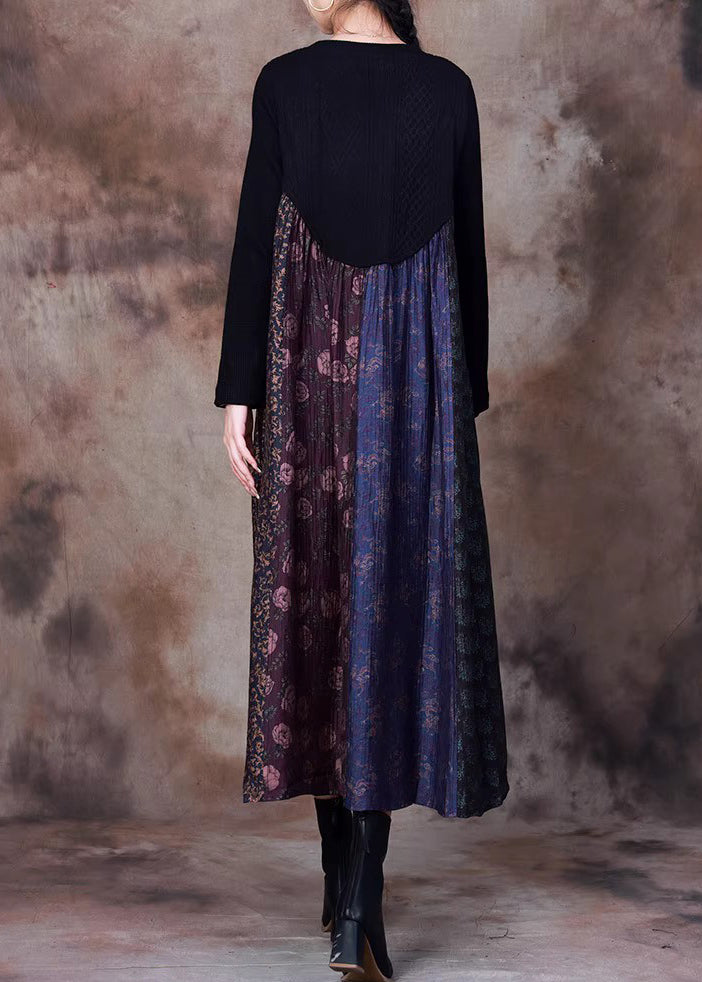 Blue Print Knit Patchwork Long Dress Winter