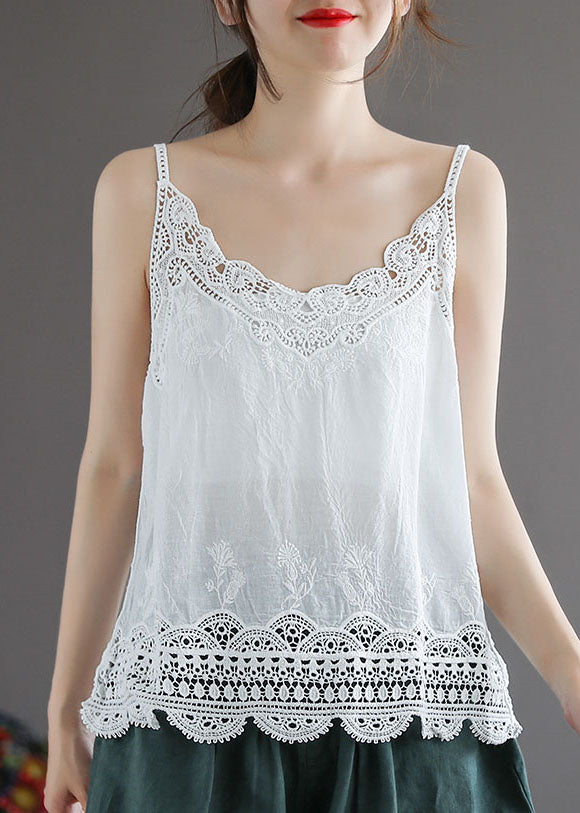 Handmade White Lace Patchwork Cotton Spaghetti Strap Tops Summer