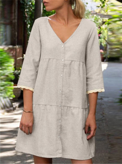 Cotton Linen Retro V-neck Lace Cuffs Seven-part Sleeve Color Dress Multi-color Models