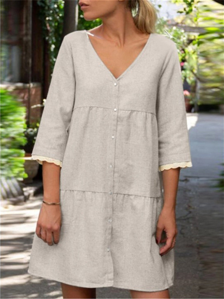Cotton Linen Retro V-neck Lace Cuffs Seven-part Sleeve Color Dress Multi-color Models