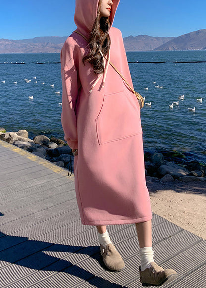 New Pink Hooded Pockets Cotton Dresses Fall