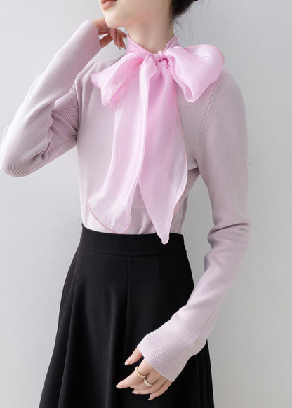 Pink Hign Neck Bow Slim Fit Knit Sweaters Spring