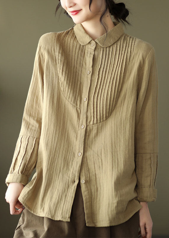 Khaki Peter Pan Collar Wrinkled Cotton Shirt Spring