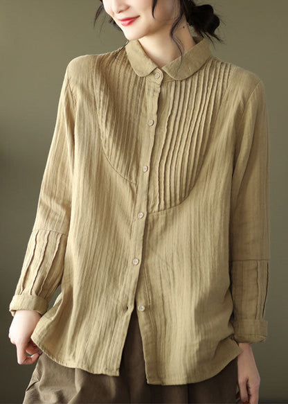 Khaki Peter Pan Collar Wrinkled Cotton Shirt Spring