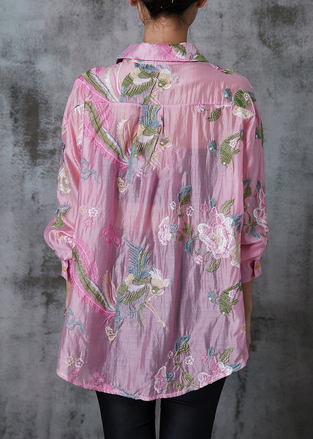 Style Pink Embroidered Linen Silk Upf 50+ Top Summer