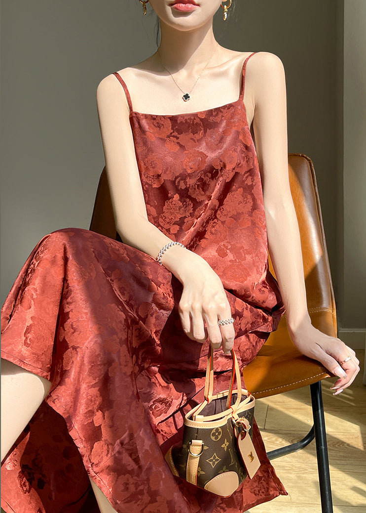 Red Print Pockets Silk Spaghetti Strap Dress Sleeveless