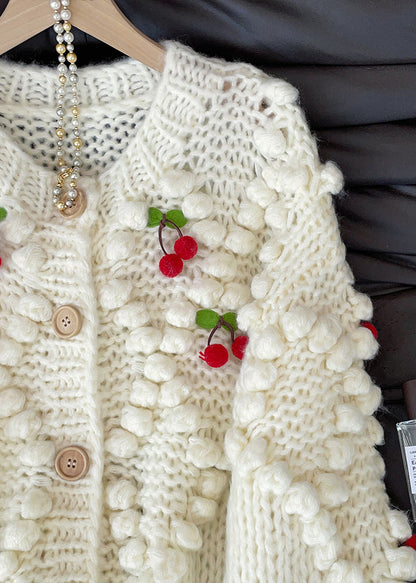 White Cherry Decorated Knit Cardigan Fall