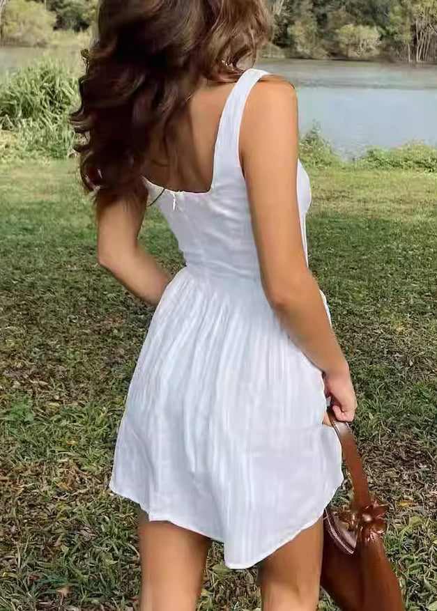 Style White Square Collar Cotton Mini Dress Summer