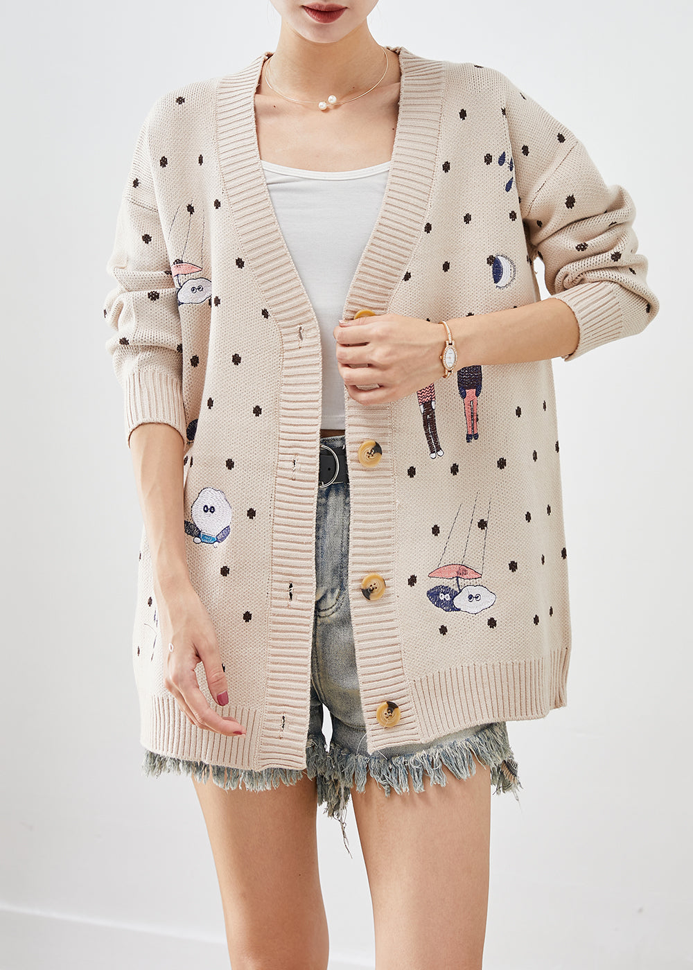 Beige Embroidered Knit Loose Coat Winter
