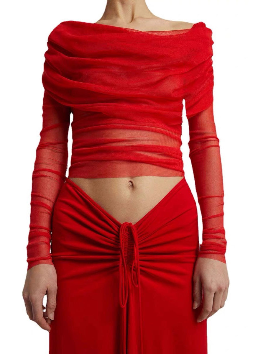 Black Slash Neck Pleated Tulle Long Sleeved Slim Fit T-shirt