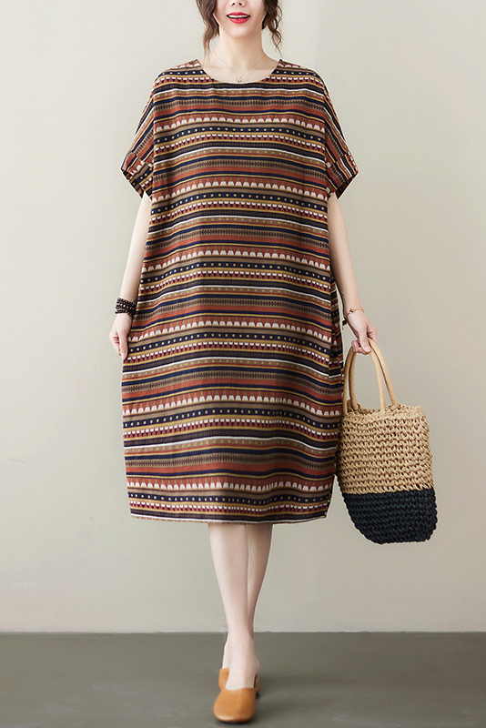 Summer Retro Coffee Striped Dress Cotton Linen Short-sleeved Long Dress