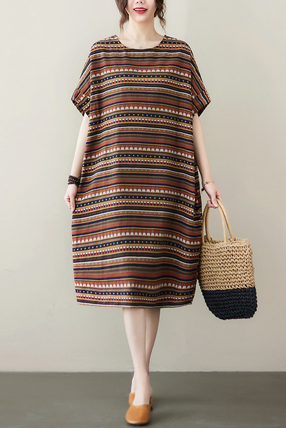 Summer Retro Coffee Striped Dress Cotton Linen Short-sleeved Long Dress