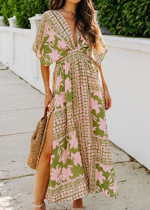 V Neck Print Side Open Chiffon Vacation Dresses Batwing Sleeve