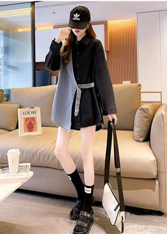 Diy Black Peter Pan Collar Denim Patchwork Cotton Fake Two Piece Shirts Fall