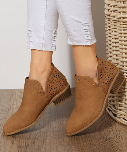 Brown Hollow Out Splicing Chunky Ankle Boots Pointed Toe