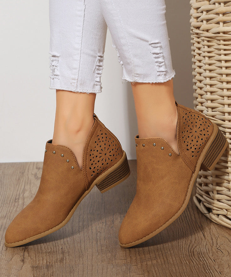 Brown Hollow Out Splicing Chunky Ankle Boots Pointed Toe