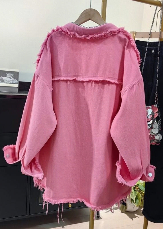 Pink Tasseled Oversized Denim Shirts Coat Fall