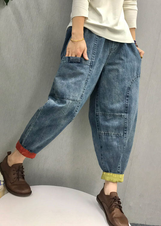 Blue Elastic Waist Pockets Denim Pants Spring