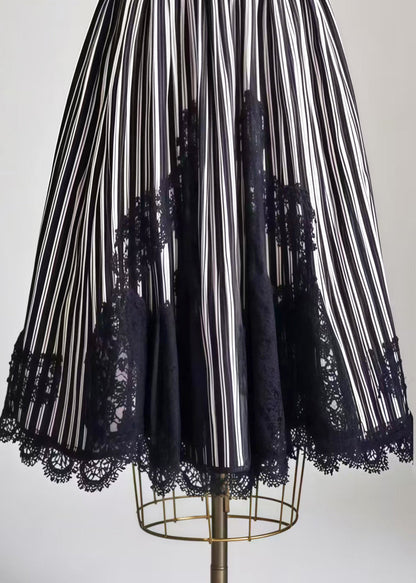 Black Striped Patchwork Lace Exra Large Hem Skirt Summer