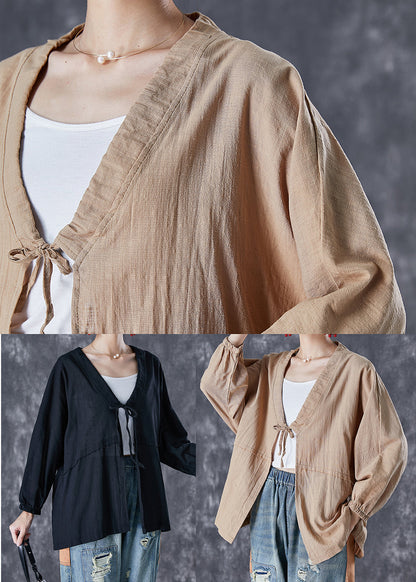 Black Oversized Lace Up Linen Cardigan Fall