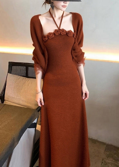 Art Brick Red Cotton Knit Cardigans and Long Dress Two Piece Set Fall