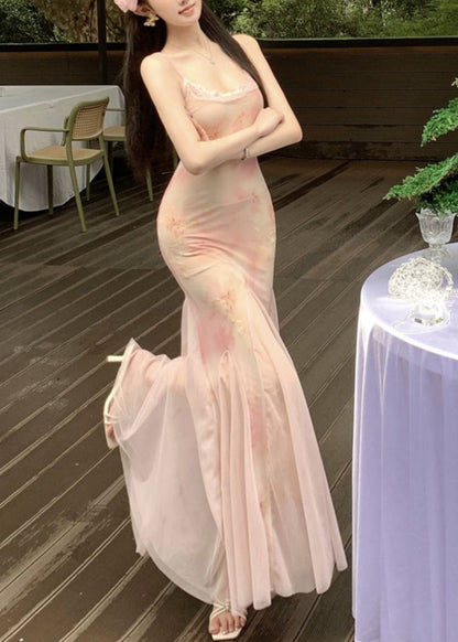 Slim Fit Pink Lace High Waist Tulle Spaghetti Strap Dress Sleeveless